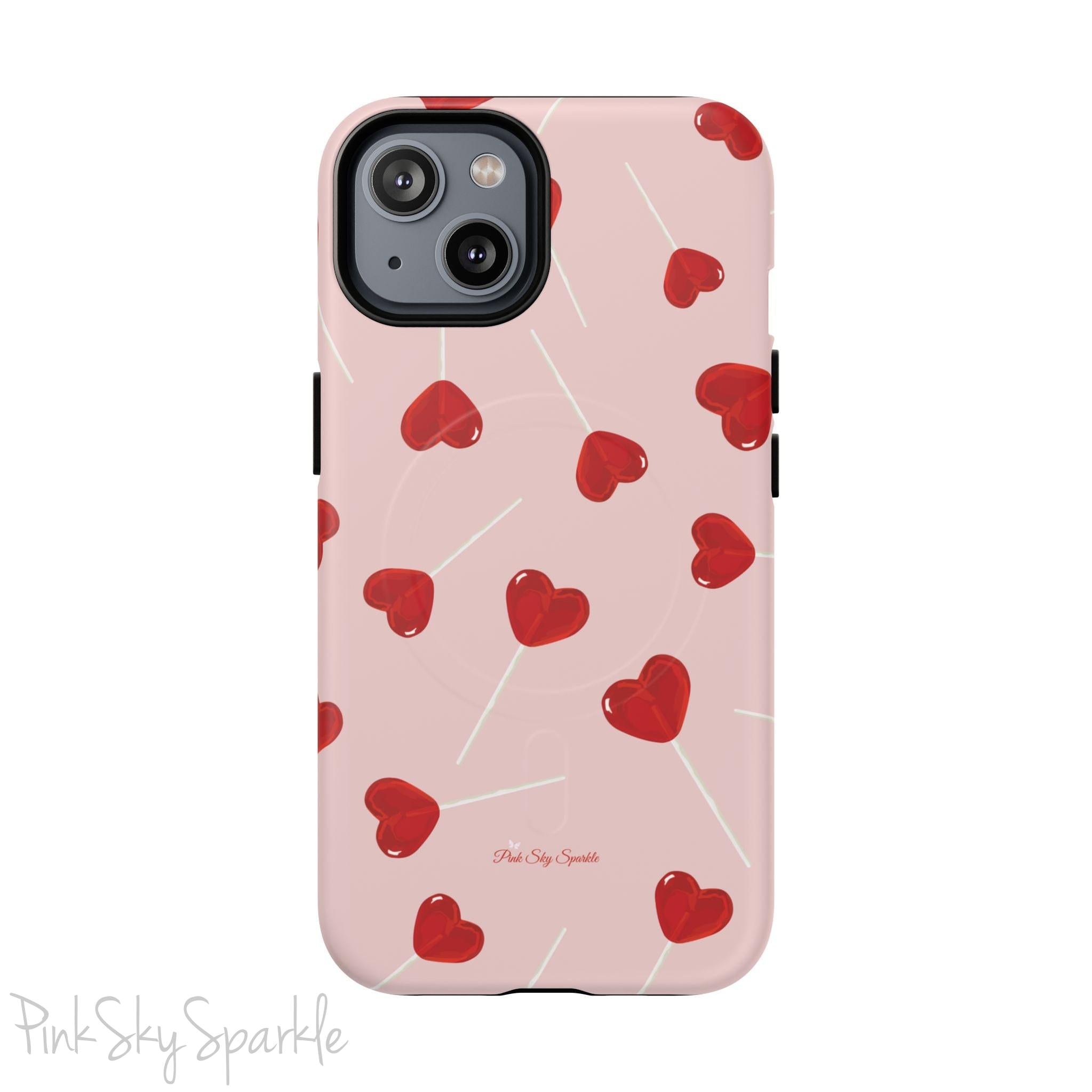 Pink phone case with red heart-shaped lollipop designs, perfect for Valentine’s Day or a playful aesthetic.