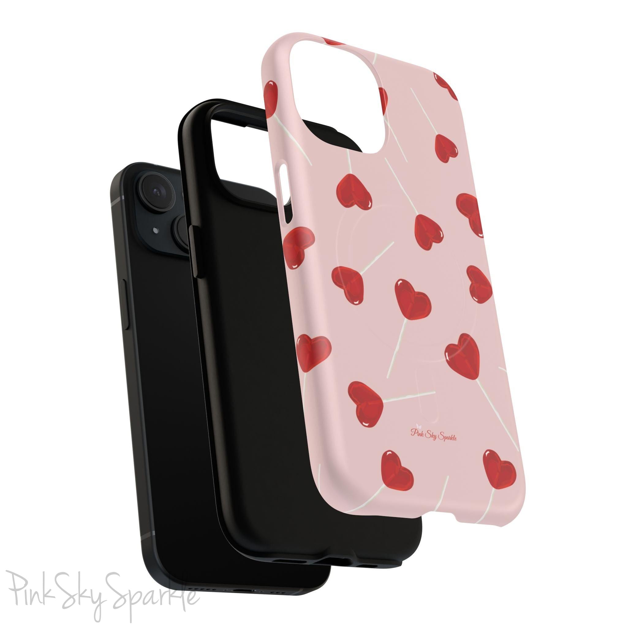 Pink phone case with red heart-shaped lollipop designs, perfect for Valentine’s Day or a playful aesthetic.