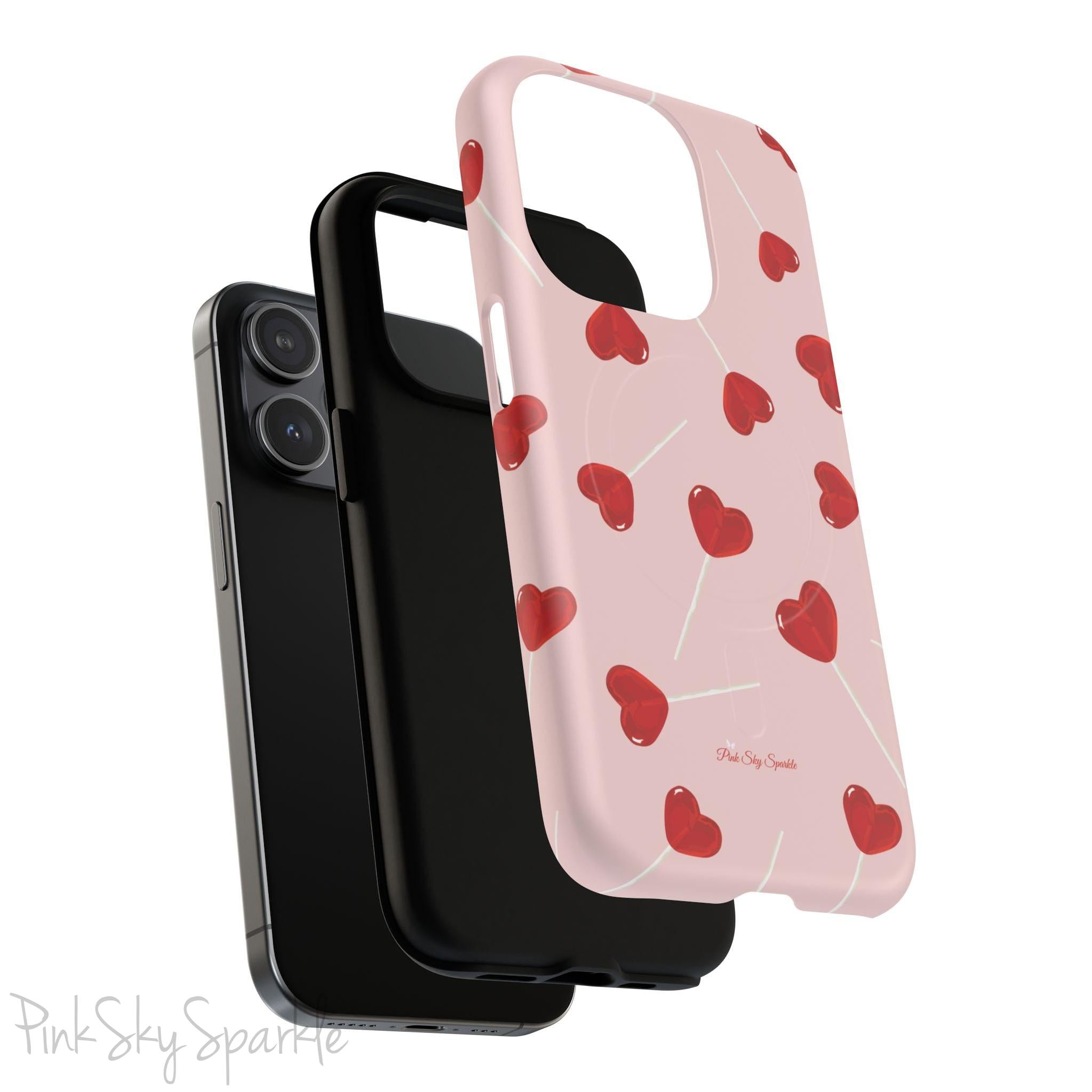 Pink phone case with red heart-shaped lollipop designs, perfect for Valentine’s Day or a playful aesthetic.