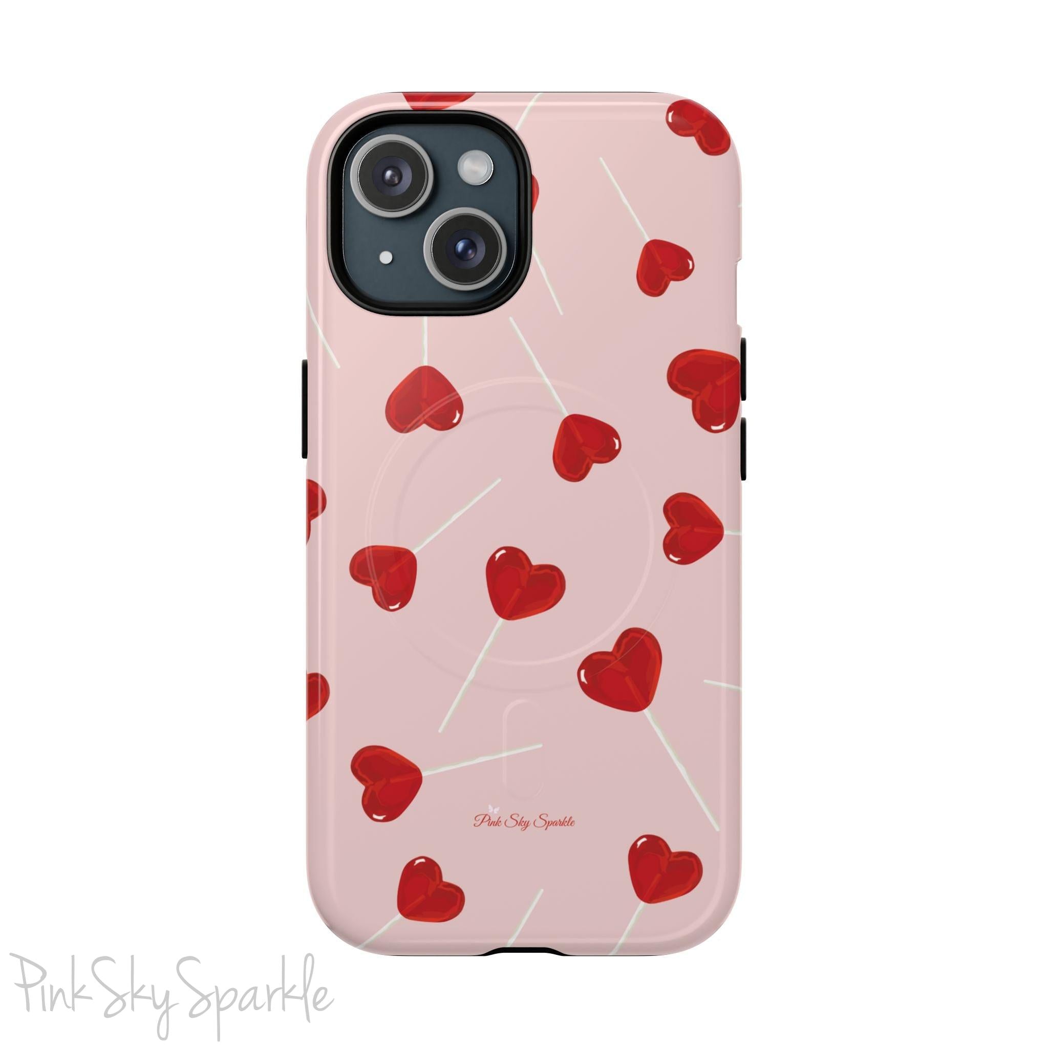 Pink phone case with red heart-shaped lollipop designs, perfect for Valentine’s Day or a playful aesthetic.