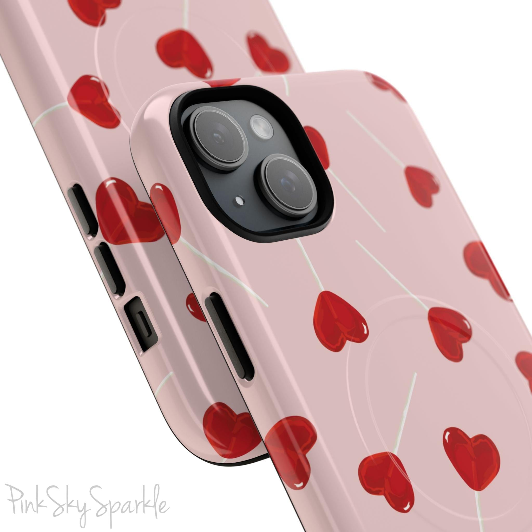 Pink phone case with red heart-shaped lollipop designs, perfect for Valentine’s Day or a playful aesthetic.