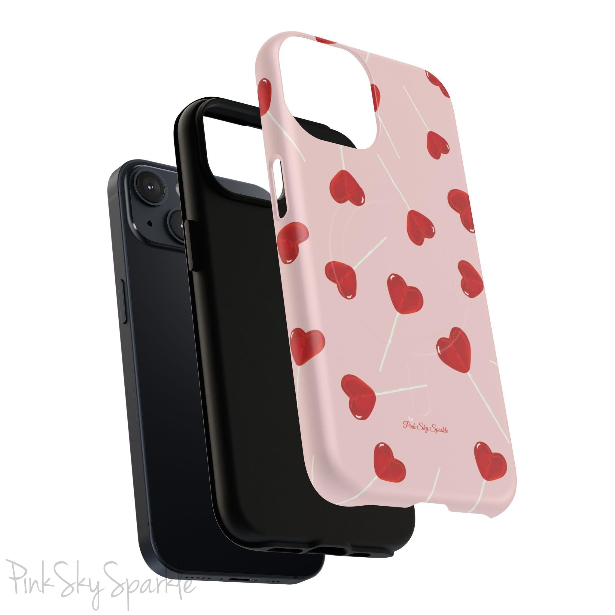 Pink phone case with red heart-shaped lollipop designs, perfect for Valentine’s Day or a playful aesthetic.