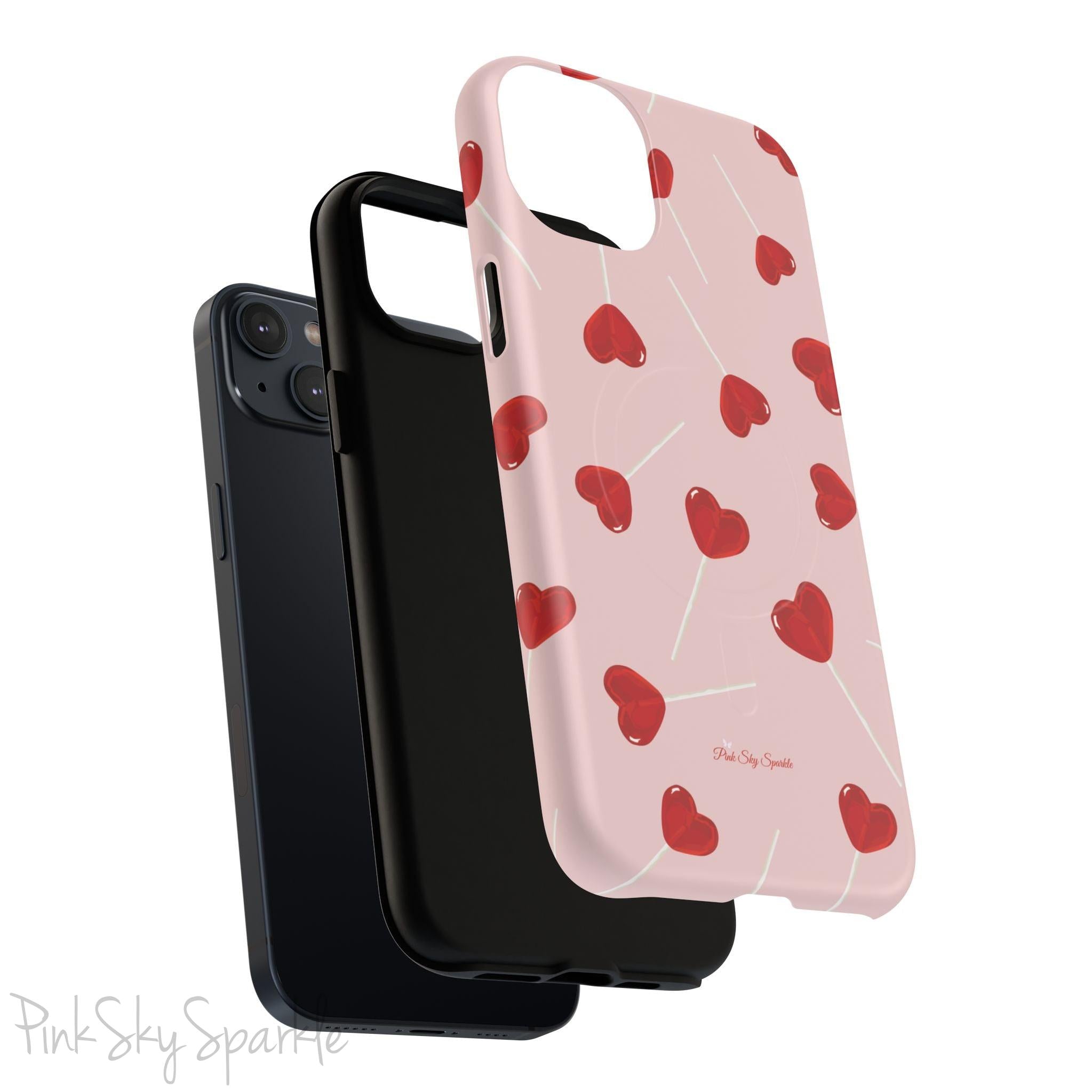 Pink phone case with red heart-shaped lollipop designs, perfect for Valentine’s Day or a playful aesthetic.