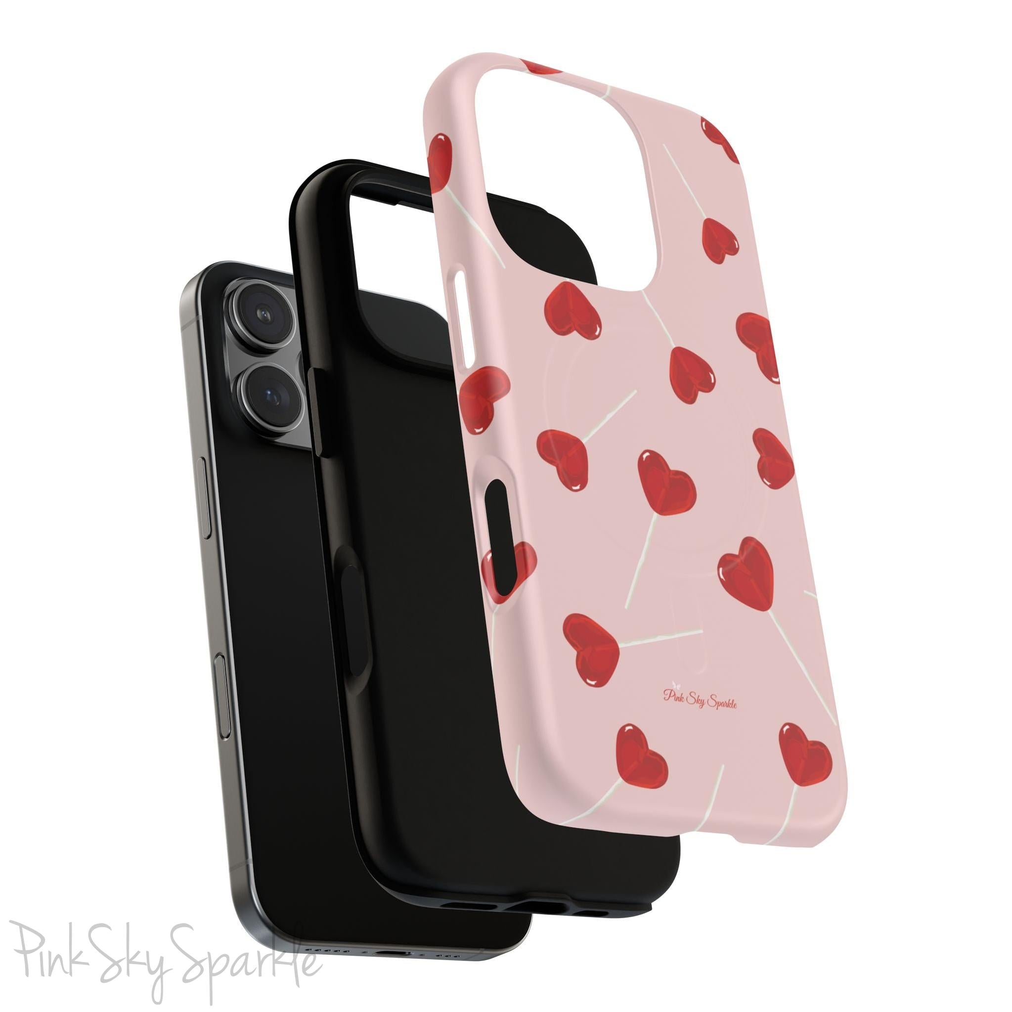 Pink phone case with red heart-shaped lollipop designs, perfect for Valentine’s Day or a playful aesthetic.