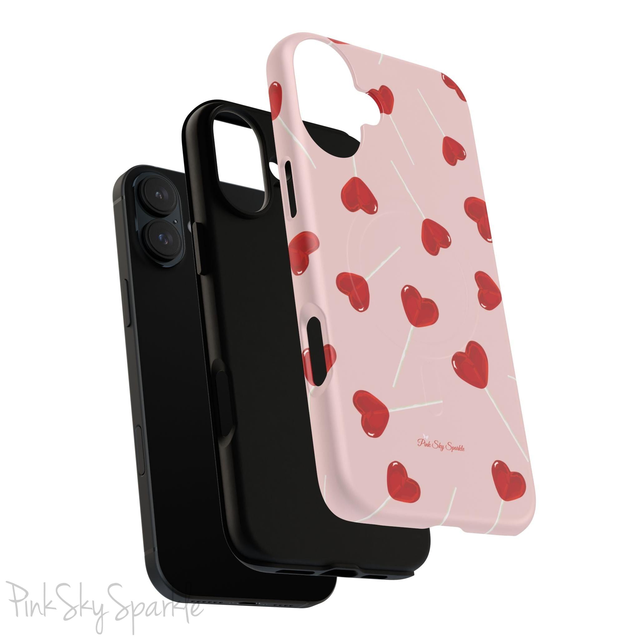Pink phone case with red heart-shaped lollipop designs, perfect for Valentine’s Day or a playful aesthetic.