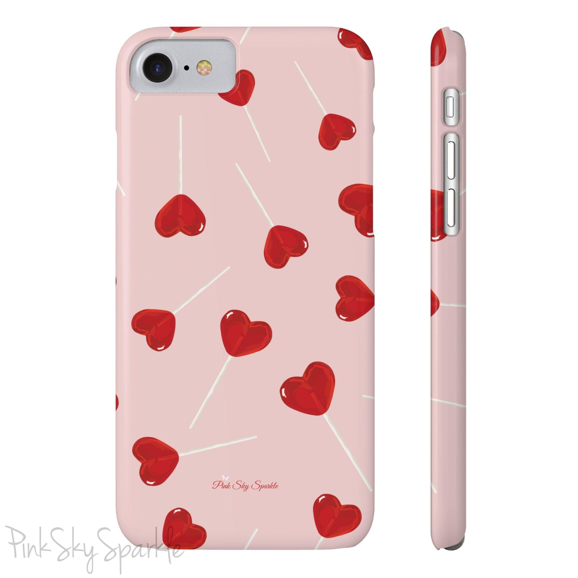 Pink phone case with red heart-shaped lollipop designs, perfect for Valentine’s Day or a playful aesthetic.