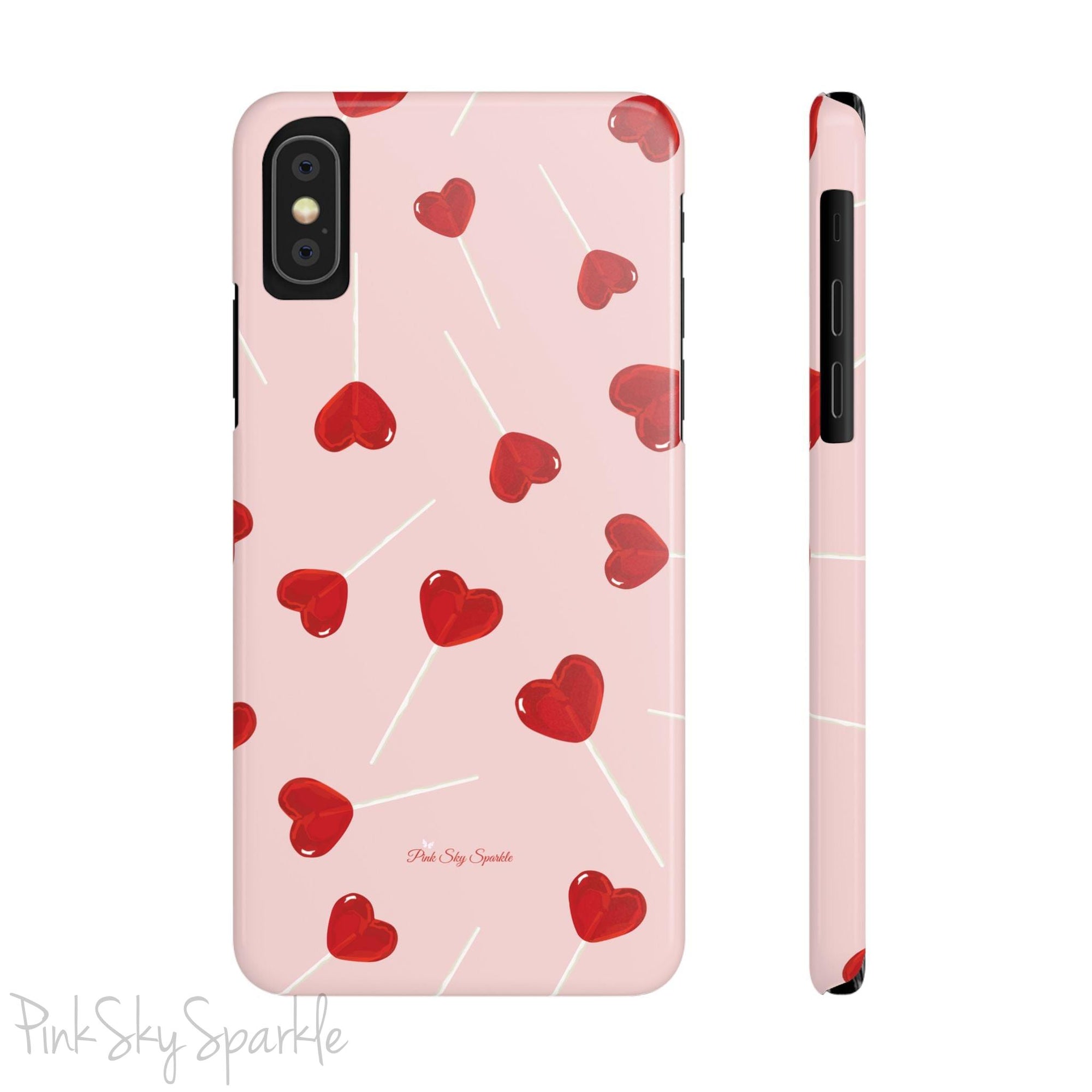 Pink phone case with red heart-shaped lollipop designs, perfect for Valentine’s Day or a playful aesthetic.
