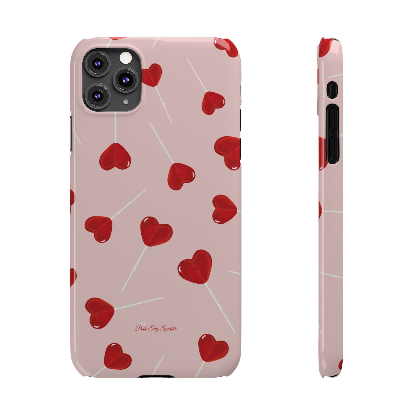 Pink phone case with red heart-shaped lollipop designs, perfect for Valentine’s Day or a playful aesthetic.