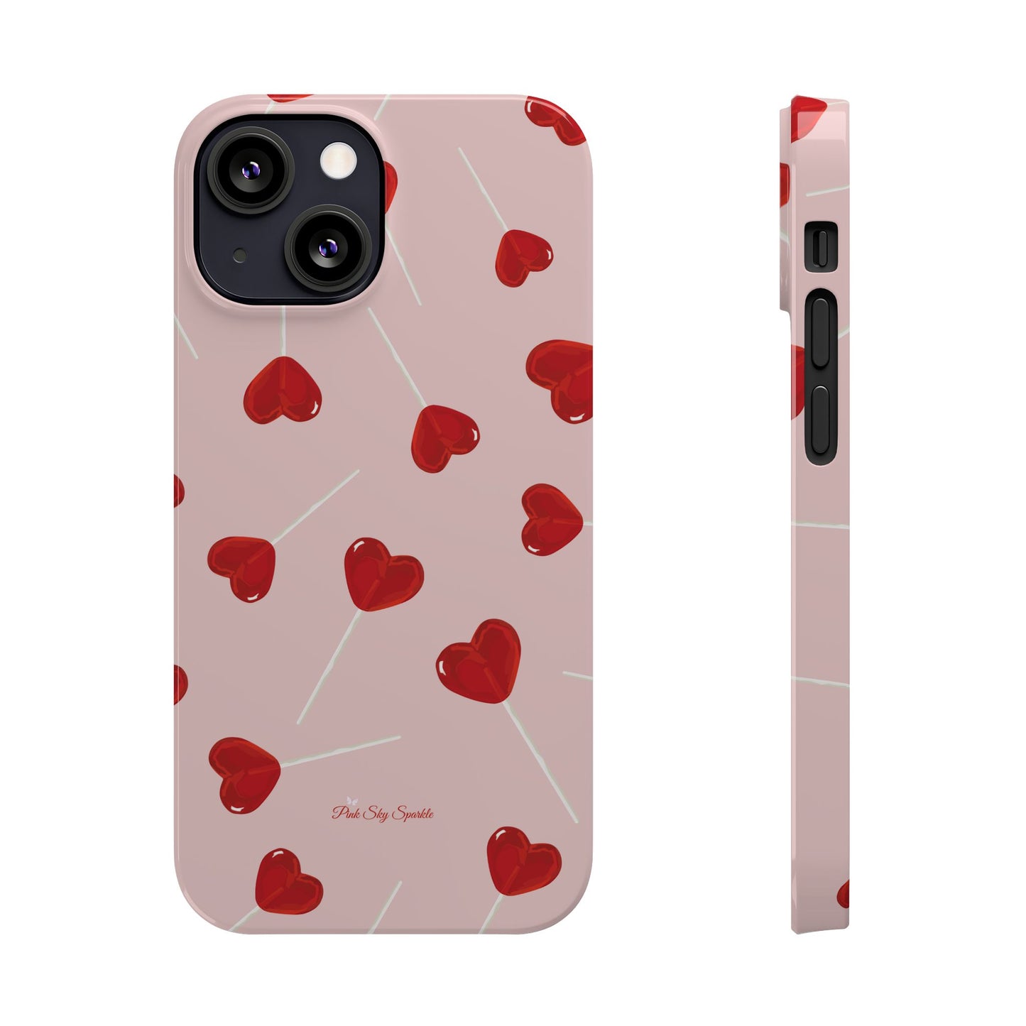 Pink phone case with red heart-shaped lollipop designs, perfect for Valentine’s Day or a playful aesthetic.