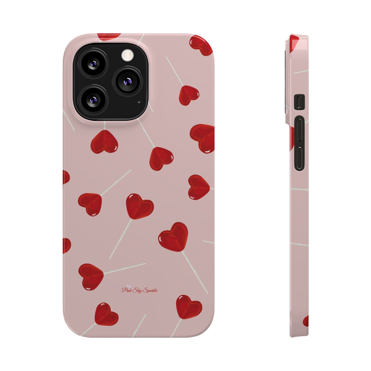 Pink phone case with red heart-shaped lollipop designs, perfect for Valentine’s Day or a playful aesthetic.