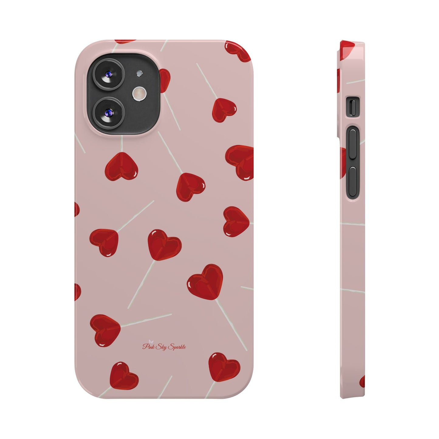 Pink phone case with red heart-shaped lollipop designs, perfect for Valentine’s Day or a playful aesthetic.