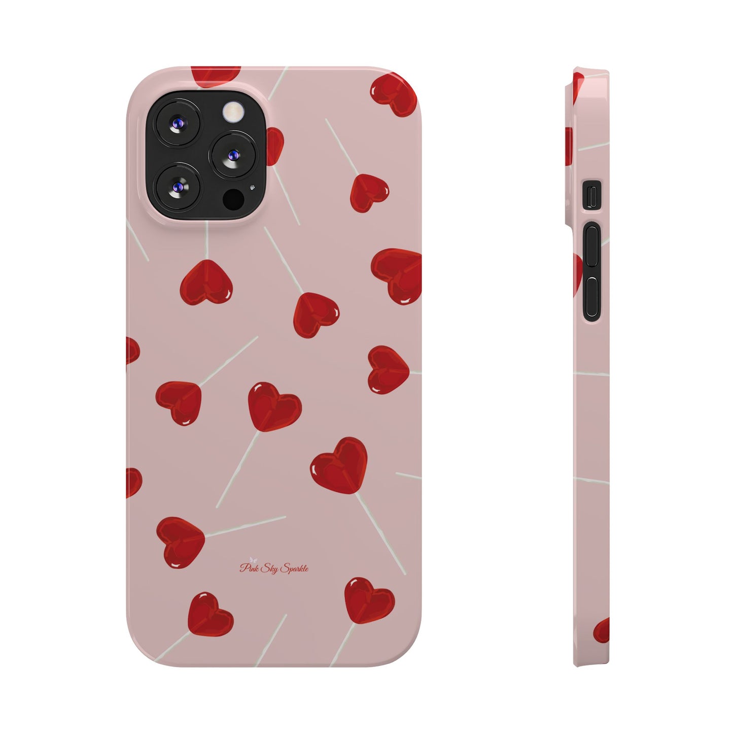 Pink phone case with red heart-shaped lollipop designs, perfect for Valentine’s Day or a playful aesthetic.