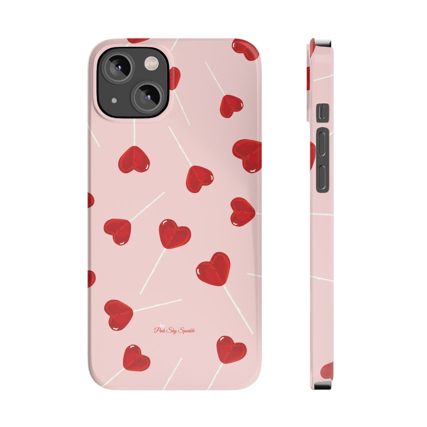 Pink phone case with red heart-shaped lollipop designs, perfect for Valentine’s Day or a playful aesthetic.