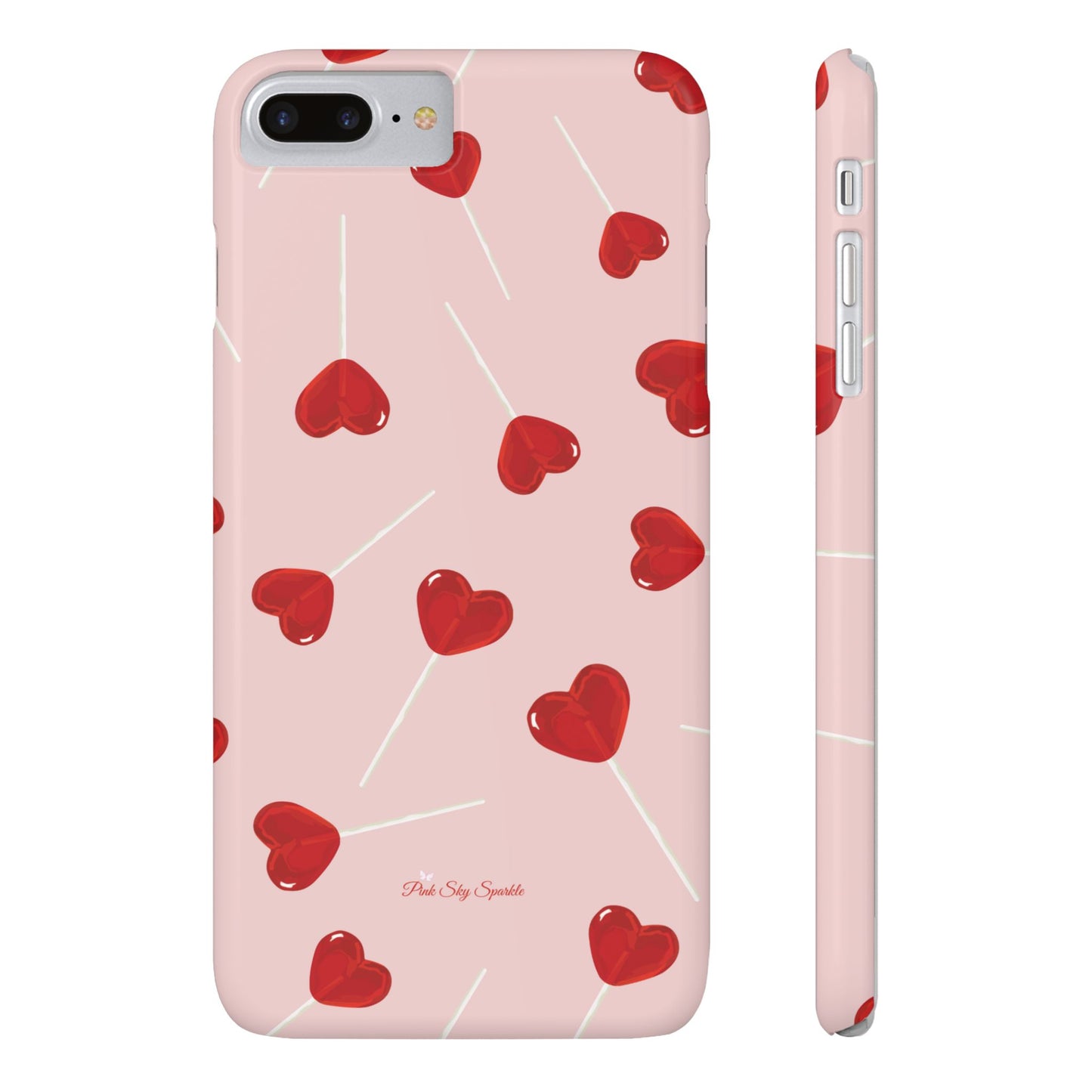 Pink phone case with red heart-shaped lollipop designs, perfect for Valentine’s Day or a playful aesthetic.