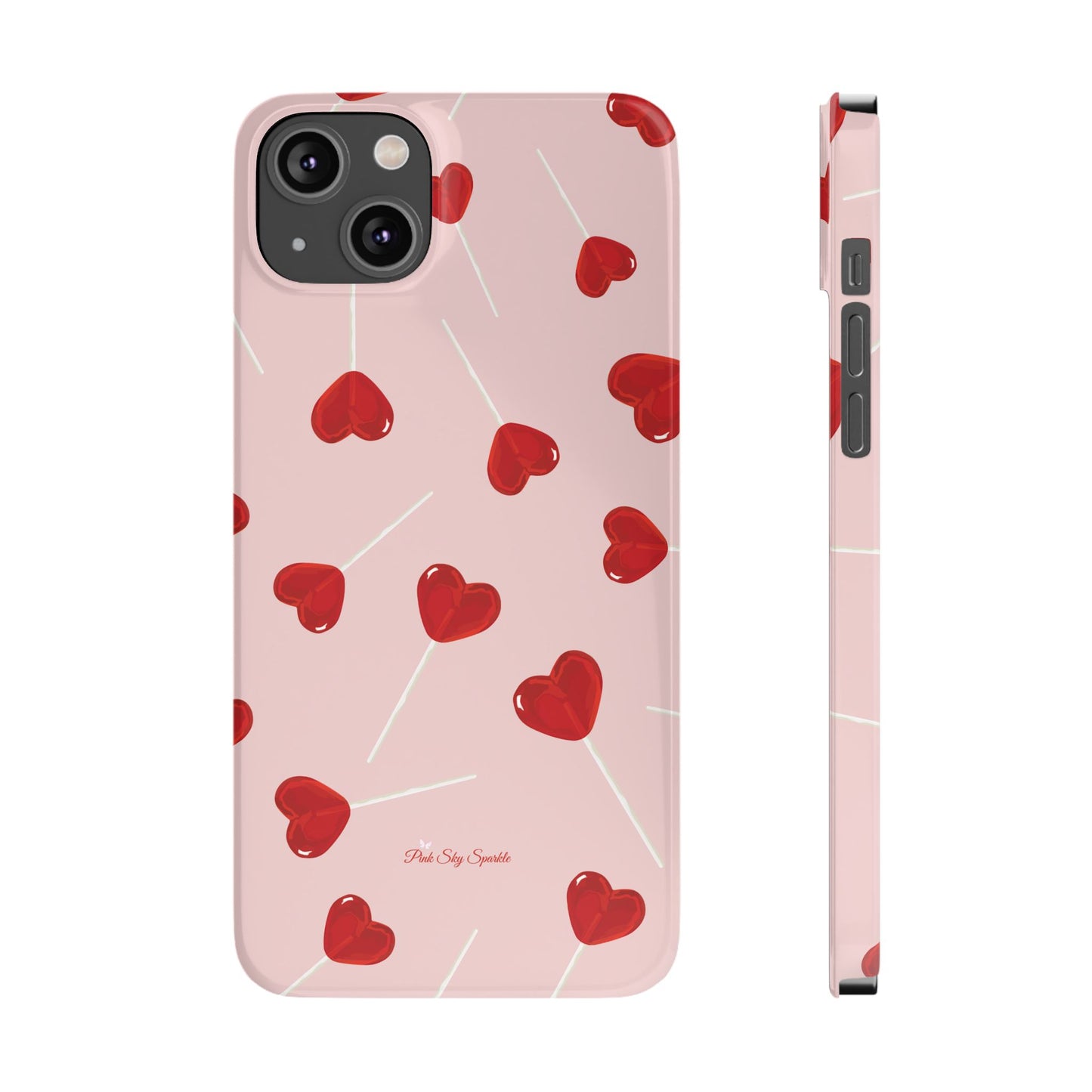 Pink phone case with red heart-shaped lollipop designs, perfect for Valentine’s Day or a playful aesthetic.