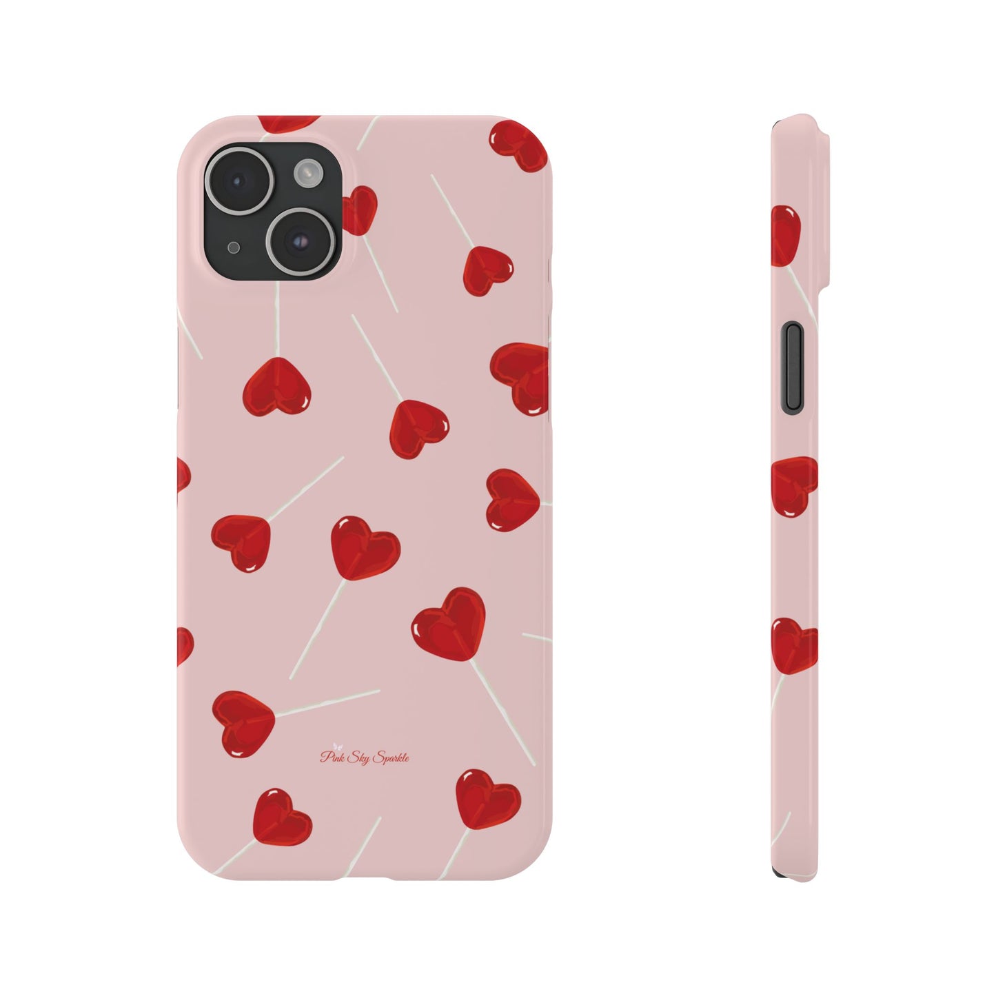 Pink phone case with red heart-shaped lollipop designs, perfect for Valentine’s Day or a playful aesthetic.