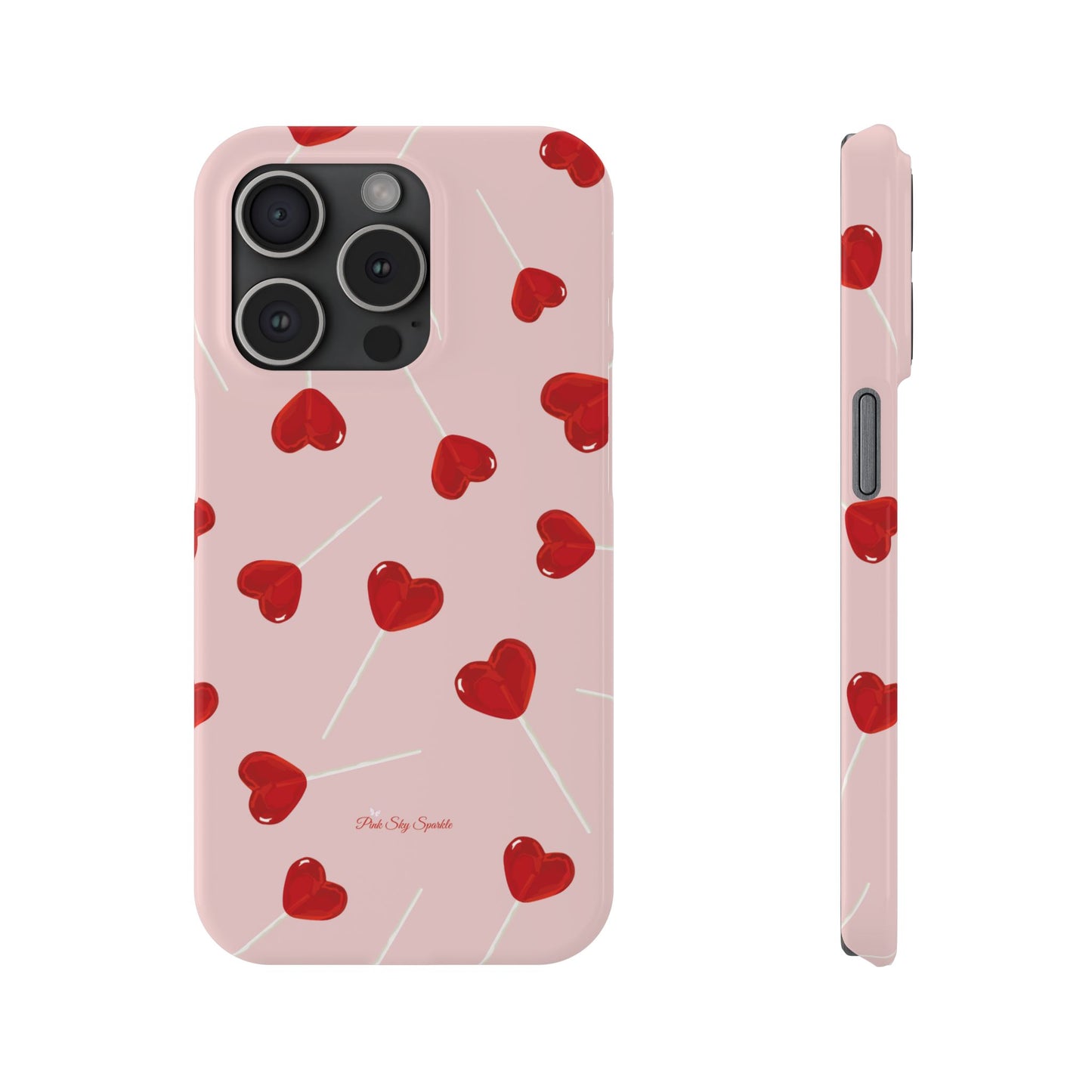 Pink phone case with red heart-shaped lollipop designs, perfect for Valentine’s Day or a playful aesthetic.