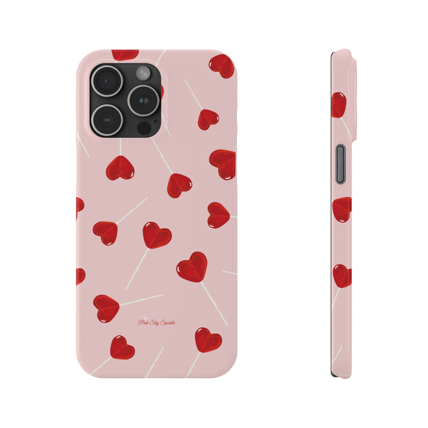 Pink phone case with red heart-shaped lollipop designs, perfect for Valentine’s Day or a playful aesthetic.