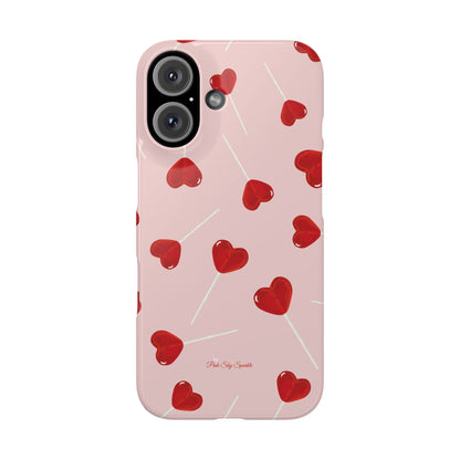 Pink phone case with red heart-shaped lollipop designs, perfect for Valentine’s Day or a playful aesthetic.