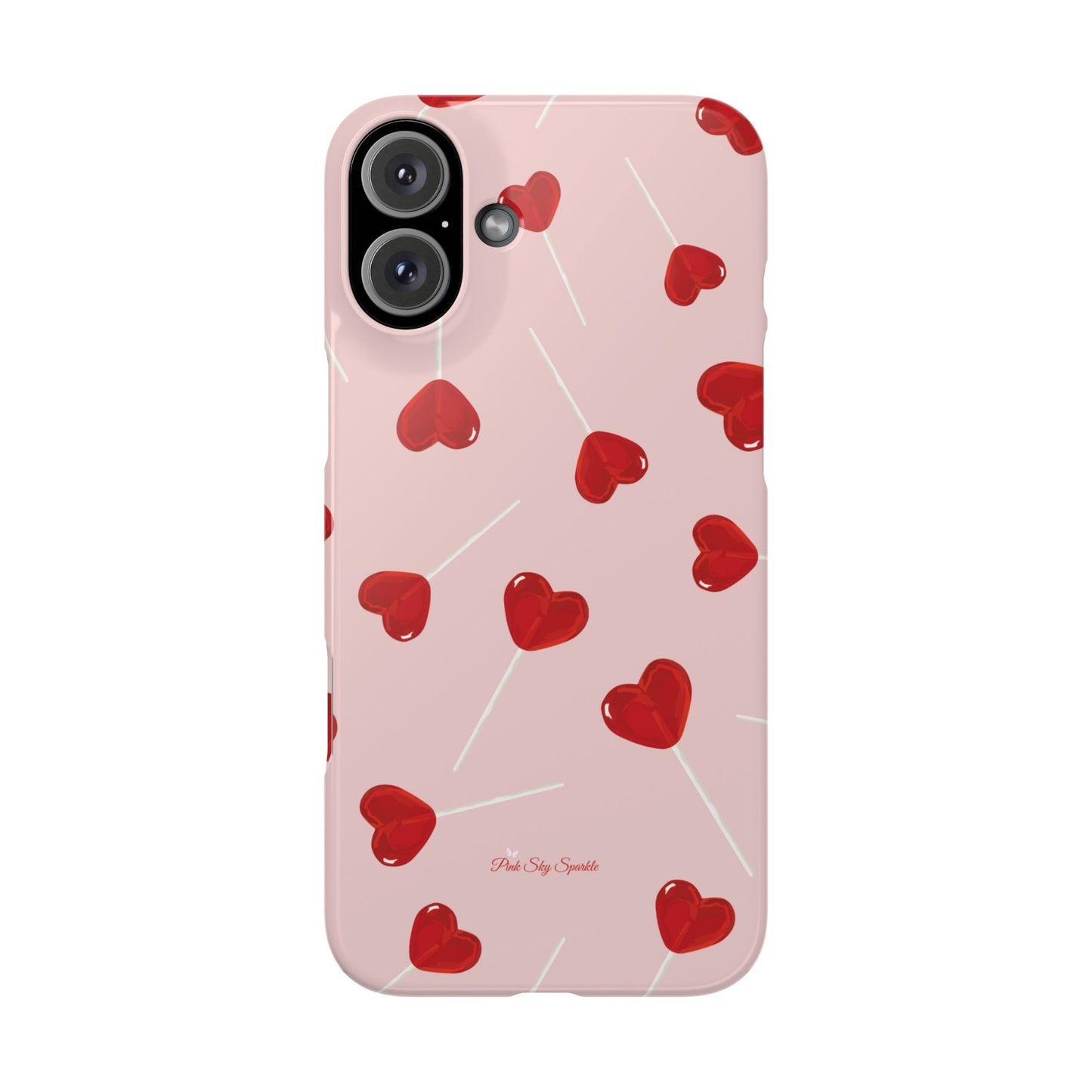 Pink phone case with red heart-shaped lollipop designs, perfect for Valentine’s Day or a playful aesthetic.