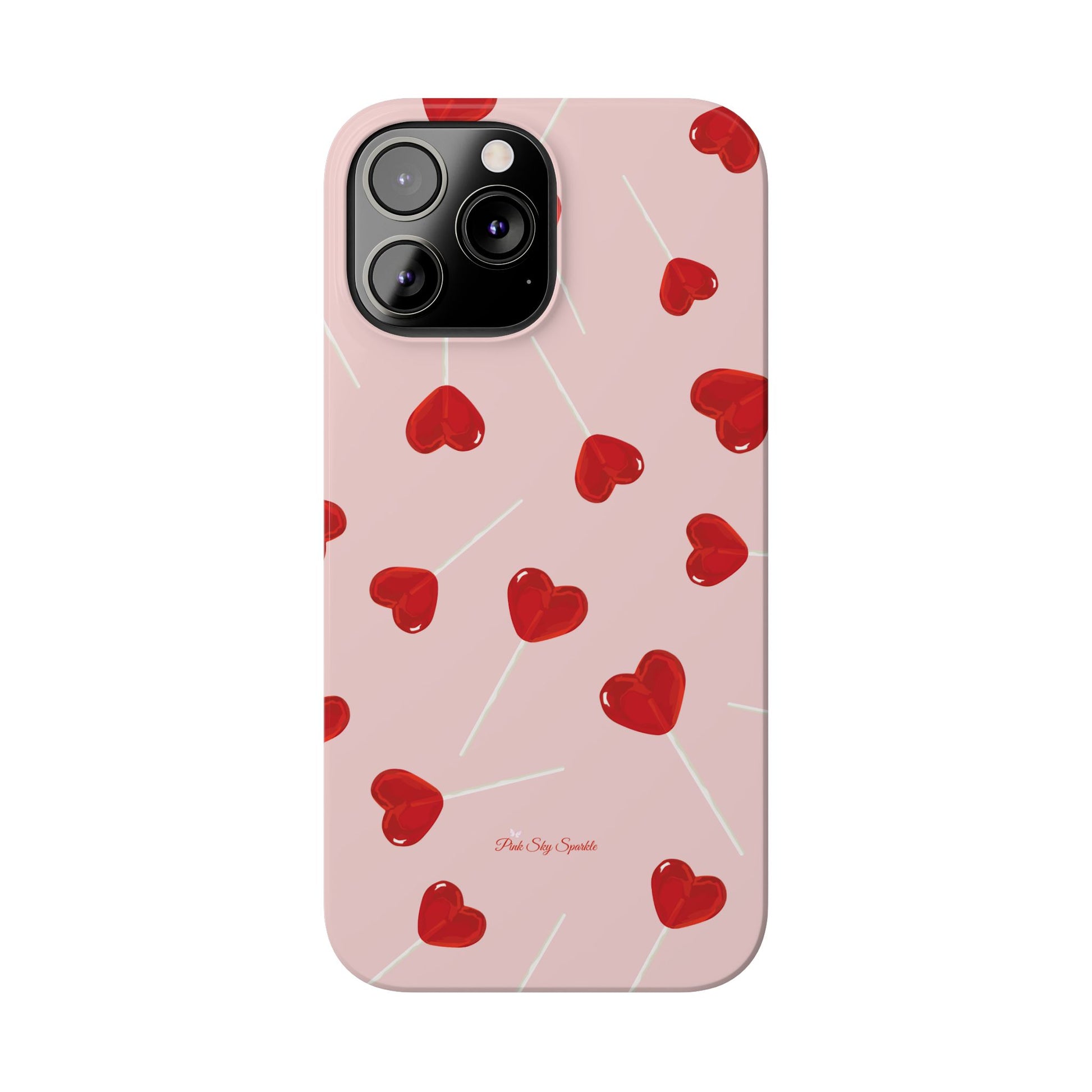 Pink phone case with red heart-shaped lollipop designs, perfect for Valentine’s Day or a playful aesthetic.