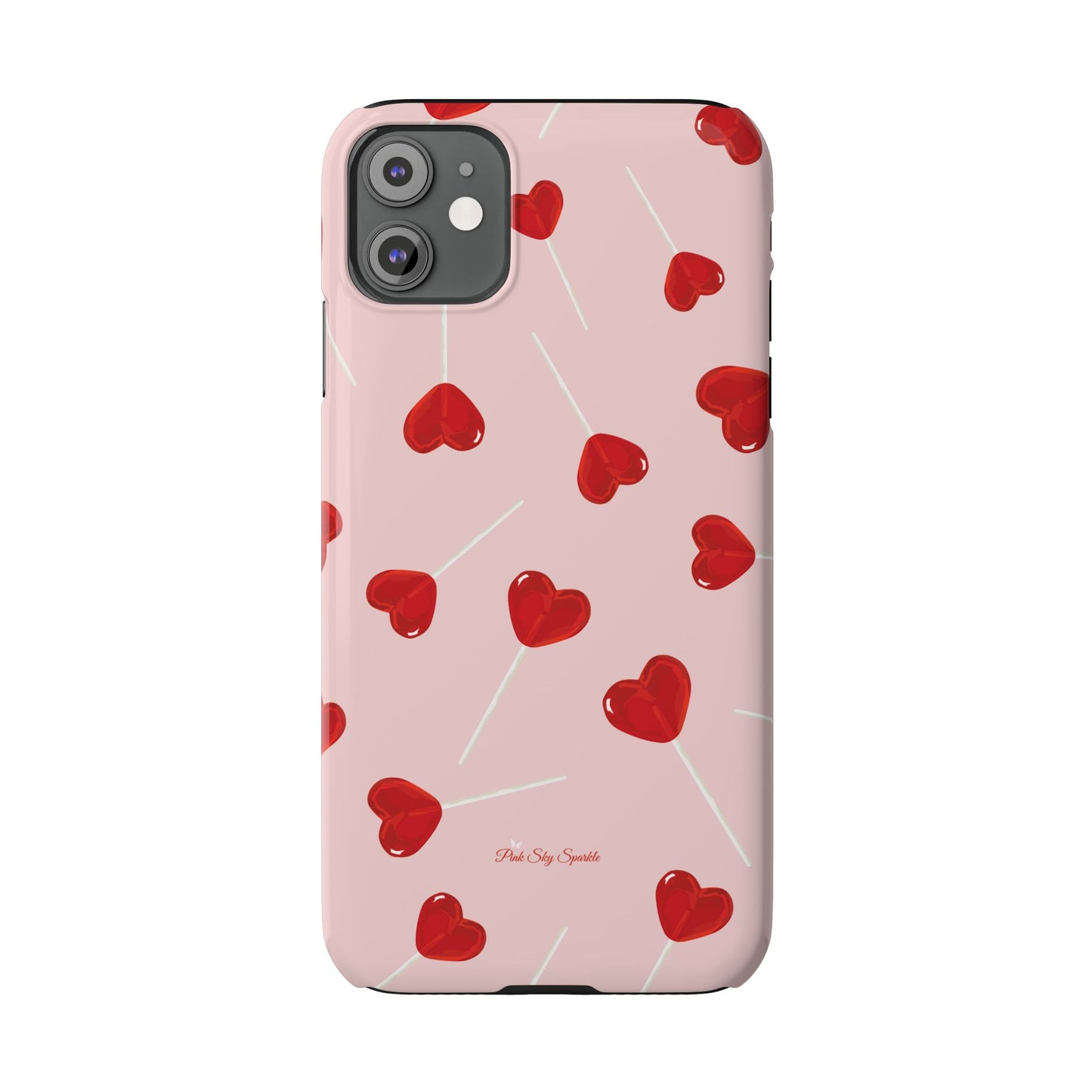 Pink phone case with red heart-shaped lollipop designs, perfect for Valentine’s Day or a playful aesthetic.