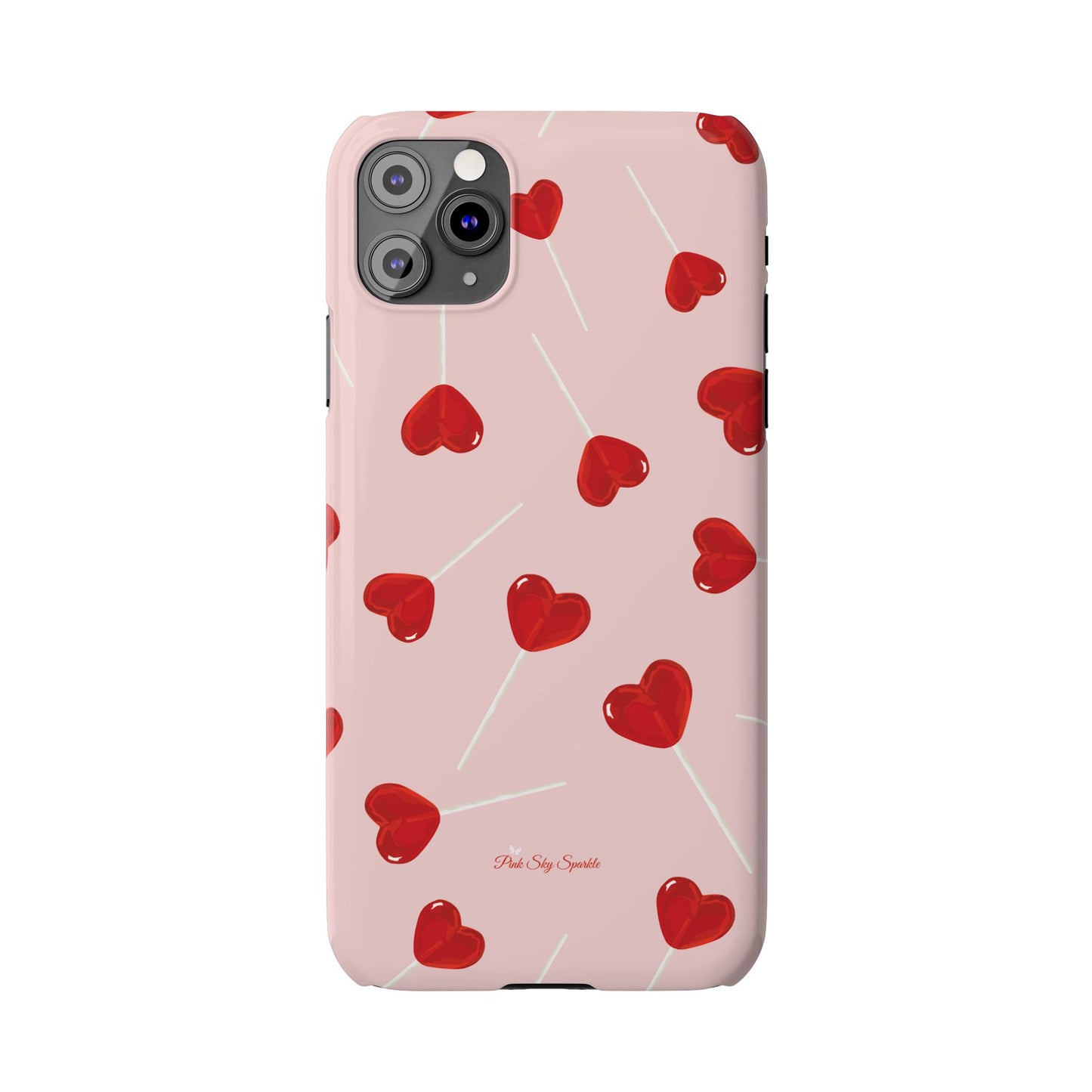 Pink phone case with red heart-shaped lollipop designs, perfect for Valentine’s Day or a playful aesthetic.