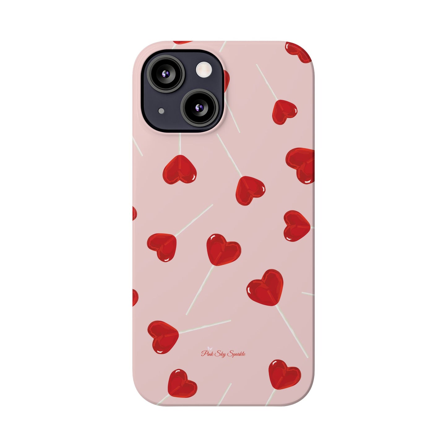 Pink phone case with red heart-shaped lollipop designs, perfect for Valentine’s Day or a playful aesthetic.