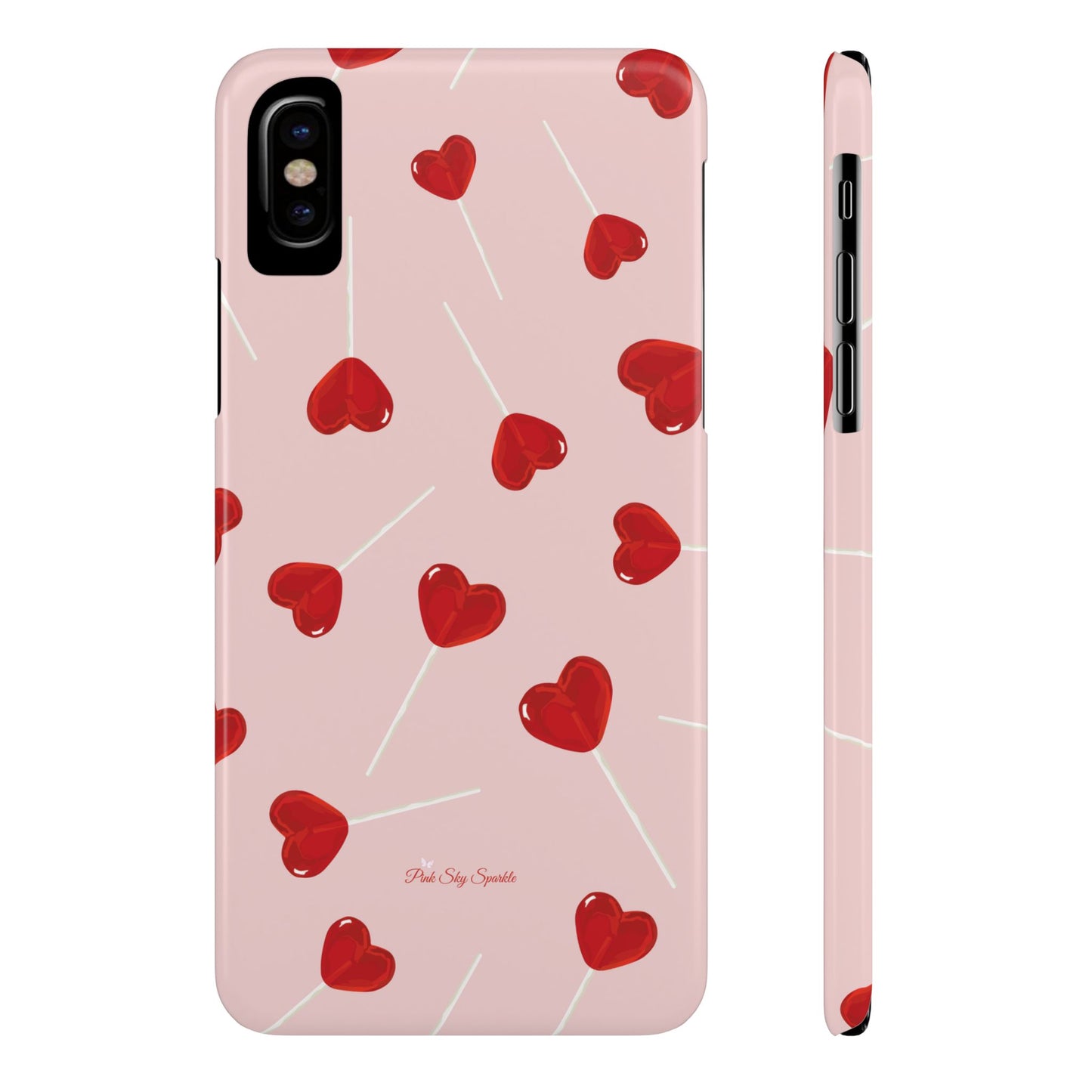 Pink phone case with red heart-shaped lollipop designs, perfect for Valentine’s Day or a playful aesthetic.