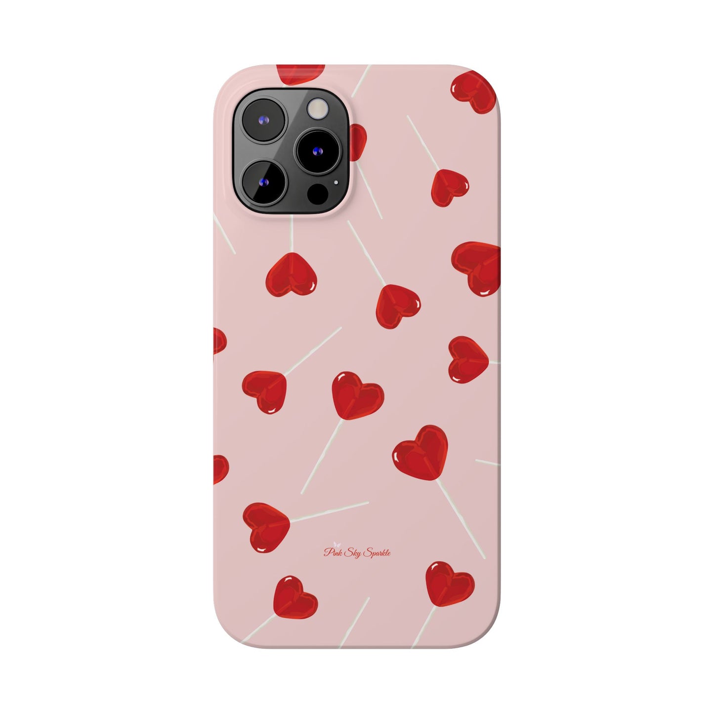 Pink phone case with red heart-shaped lollipop designs, perfect for Valentine’s Day or a playful aesthetic.