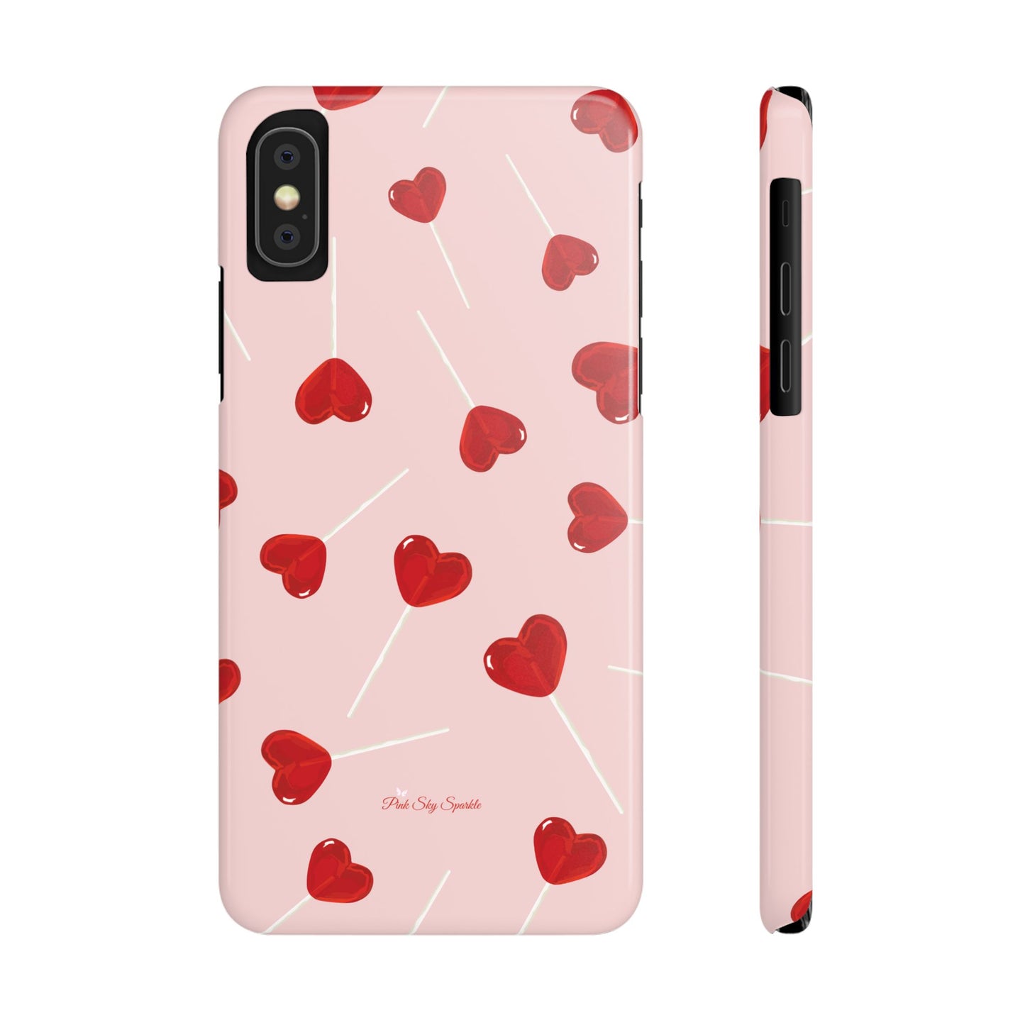 Pink phone case with red heart-shaped lollipop designs, perfect for Valentine’s Day or a playful aesthetic.