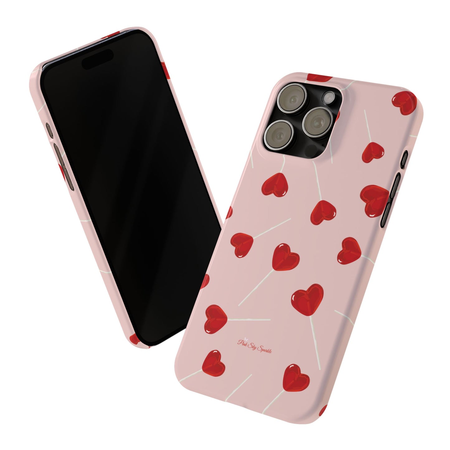 Pink phone case with red heart-shaped lollipop designs, perfect for Valentine’s Day or a playful aesthetic.