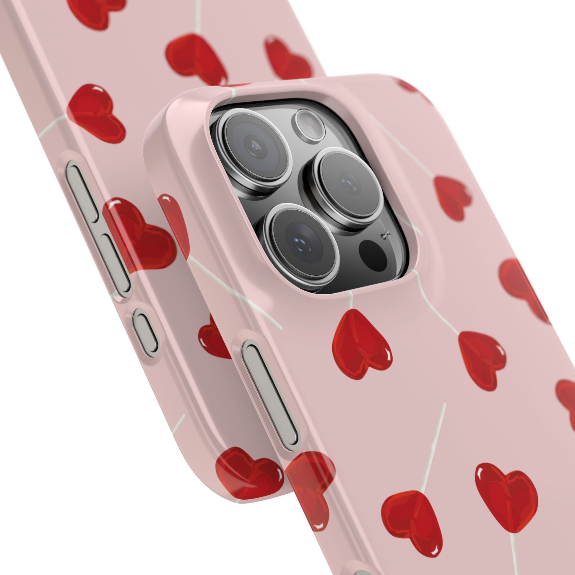 Pink phone case with red heart-shaped lollipop designs, perfect for Valentine’s Day or a playful aesthetic.