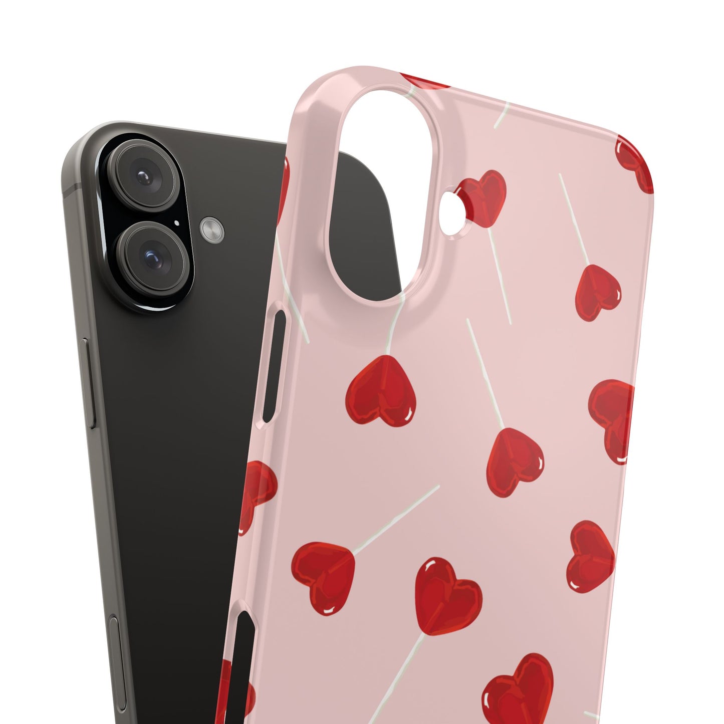 Pink phone case with red heart-shaped lollipop designs, perfect for Valentine’s Day or a playful aesthetic.