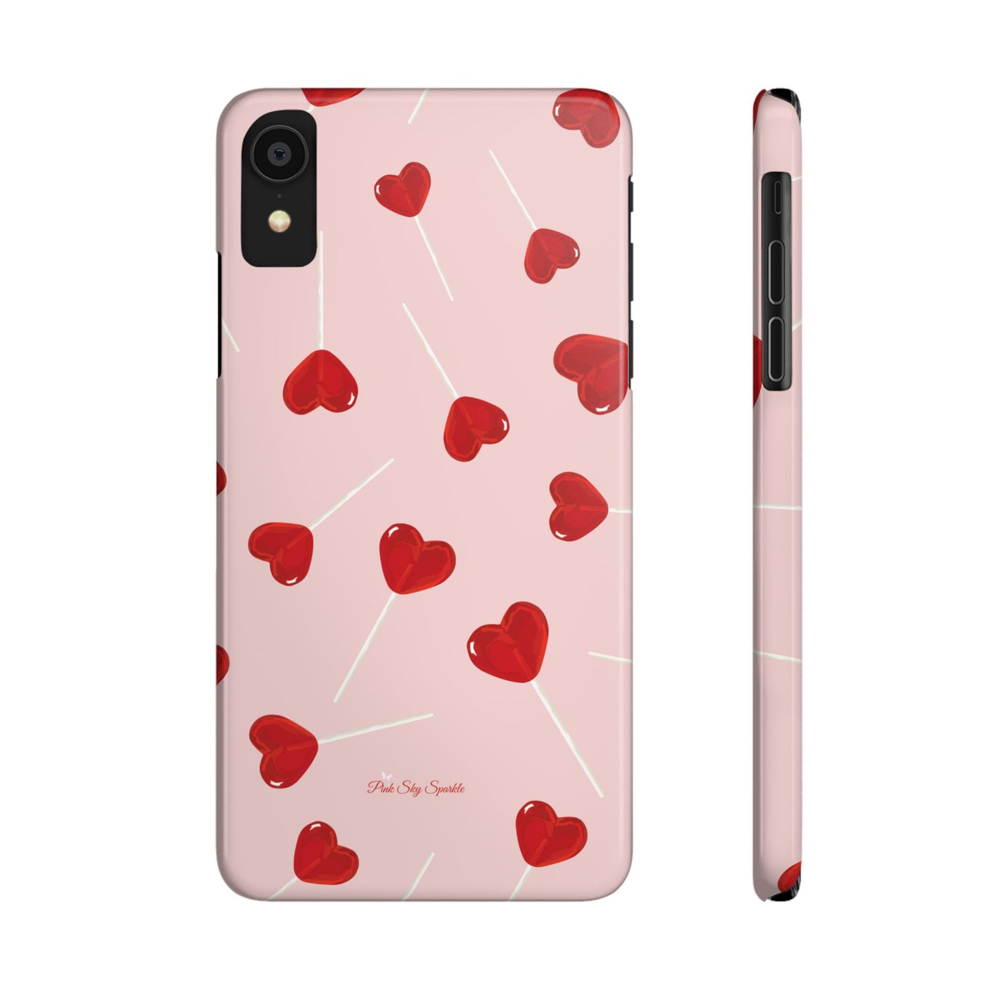 Pink phone case with red heart-shaped lollipop designs, perfect for Valentine’s Day or a playful aesthetic.