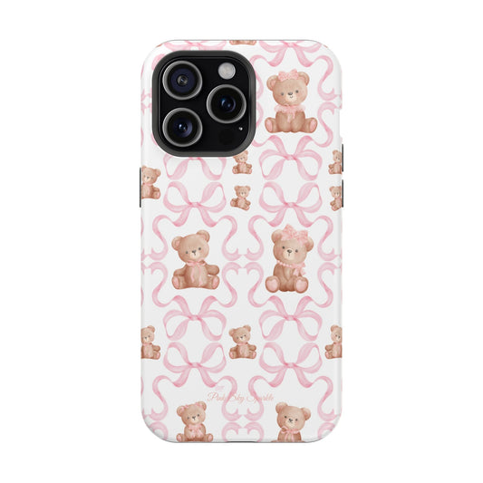 Teddy Bear Coquette Magnetic iPhone Case. A white phone case, featuring charming pink bows and cute brown teddy bears dressed in pink bows.