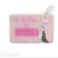 Pink mini clutch bag with holiday ‘Sparkle’ design and glamorous illustrated woman on the front.