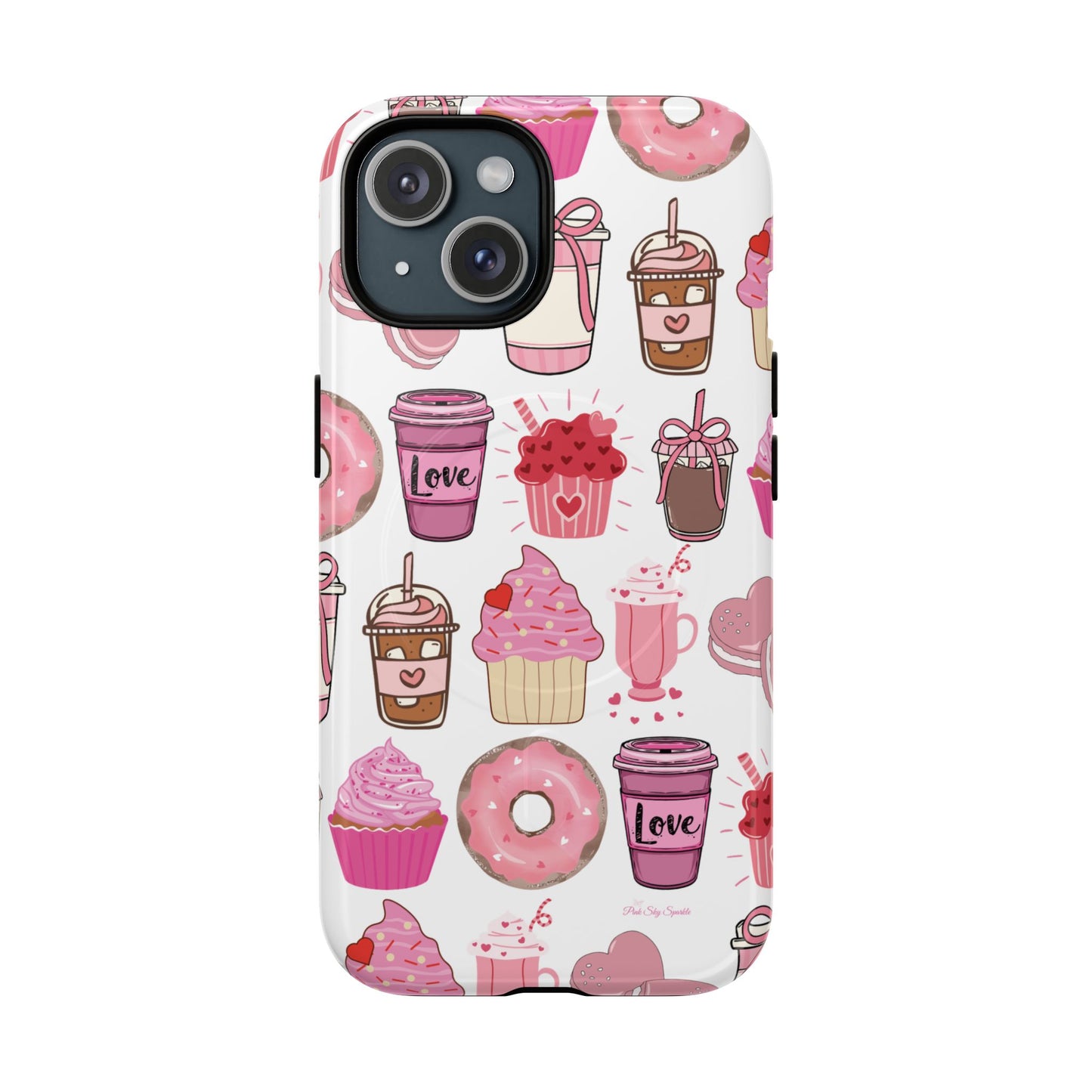 Magnetic iPhone case featuring a Valentine’s Day-themed design with pink cupcakes, donuts, coffee cups, and sweets on a white background, perfect for festive protection and style.