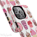 Magnetic iPhone case featuring a Valentine’s Day-themed design with pink cupcakes, donuts, coffee cups, and sweets on a white background, perfect for festive protection and style.