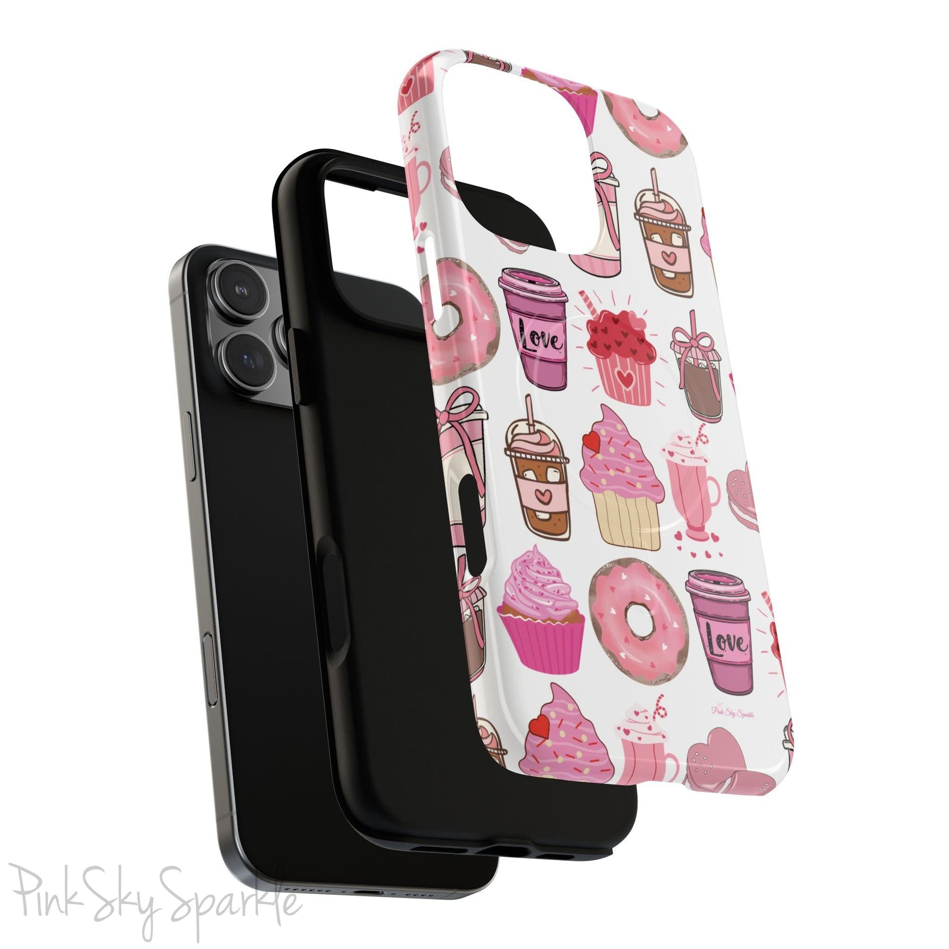 Magnetic iPhone case featuring a Valentine’s Day-themed design with pink cupcakes, donuts, coffee cups, and sweets on a white background, perfect for festive protection and style.