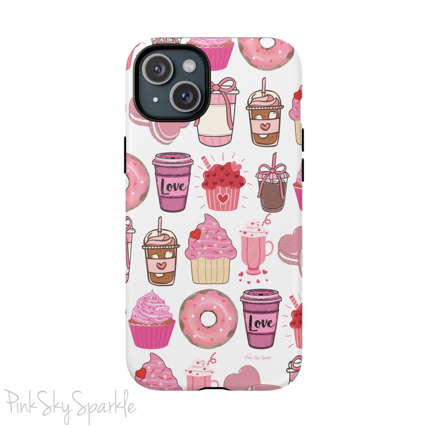 Magnetic iPhone case featuring a Valentine’s Day-themed design with pink cupcakes, donuts, coffee cups, and sweets on a white background, perfect for festive protection and style.