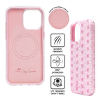 Pink phone case with floral design, scratch-resistant features, and UV resistance on a white background.
