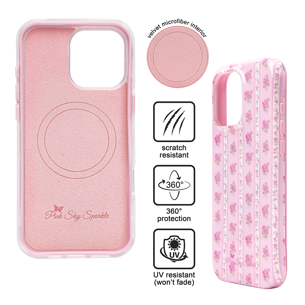 Pink phone case with floral design, scratch-resistant features, and UV resistance on a white background.