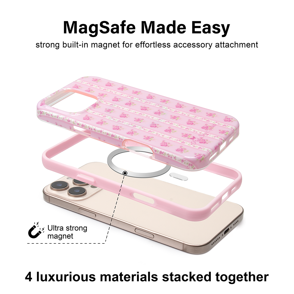 Pink phone case with built-in magnet attachment on a white background
