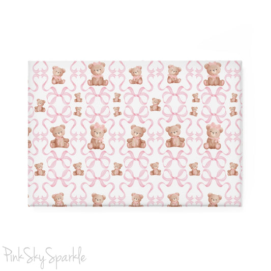 White Teddy Bear Coquette Rectangle Button Magnet - Cute and chic magnet featuring a white teddy bear design with coquette style. Perfect holiday gift, Christmas decor, and whimsical accessory for any magnetic surface.