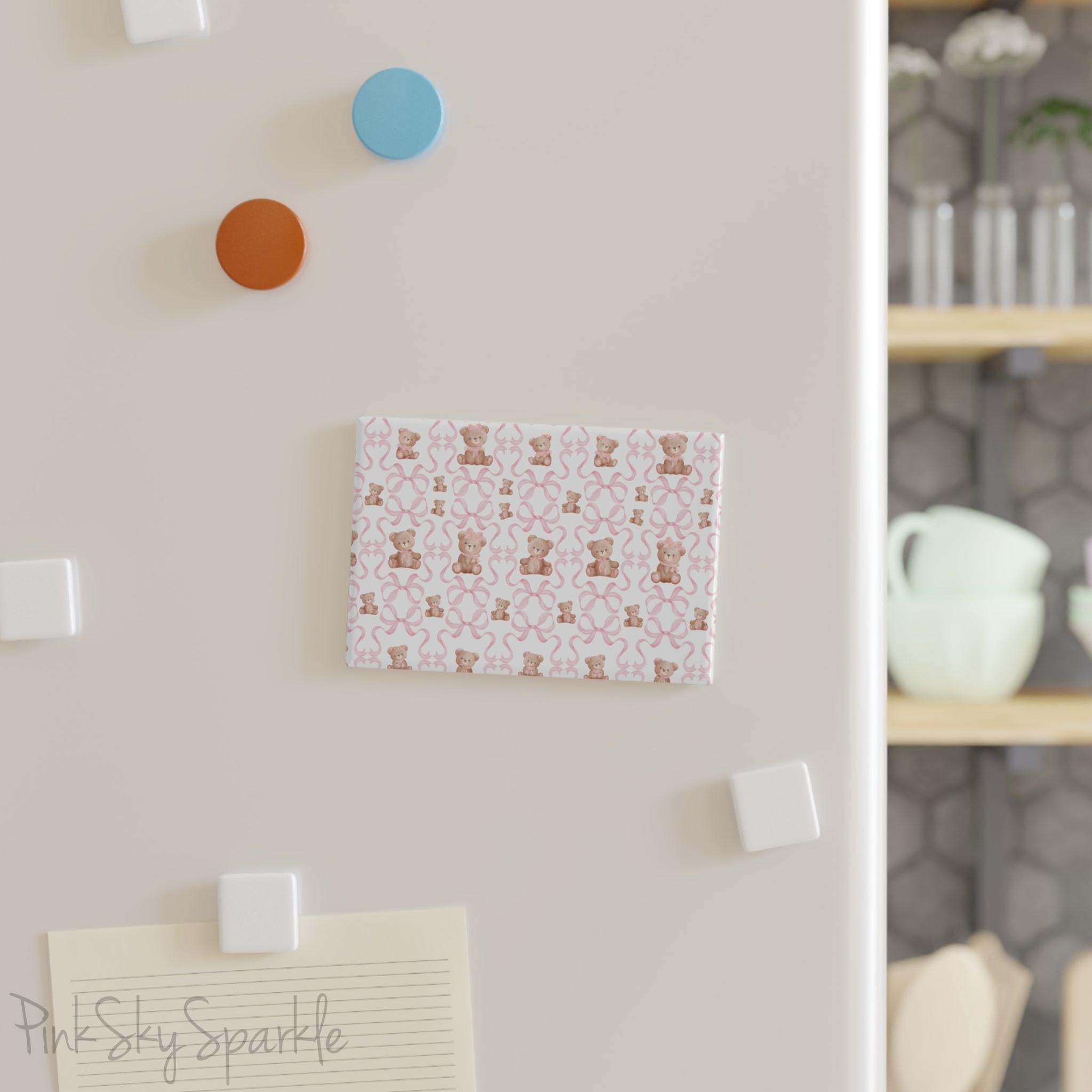 White Teddy Bear Coquette Rectangle Button Magnet - Cute and chic magnet featuring a white teddy bear design with coquette style. Perfect holiday gift, Christmas decor, and whimsical accessory for any magnetic surface.