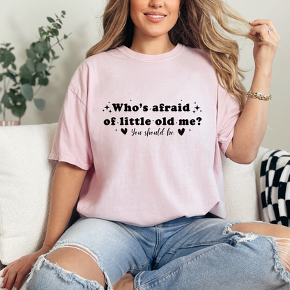 Blossom pink Comfort Colors Brand T-shirt with Taylor Swift inspired lyrics Who's afraid of little old me? You should be in black font.