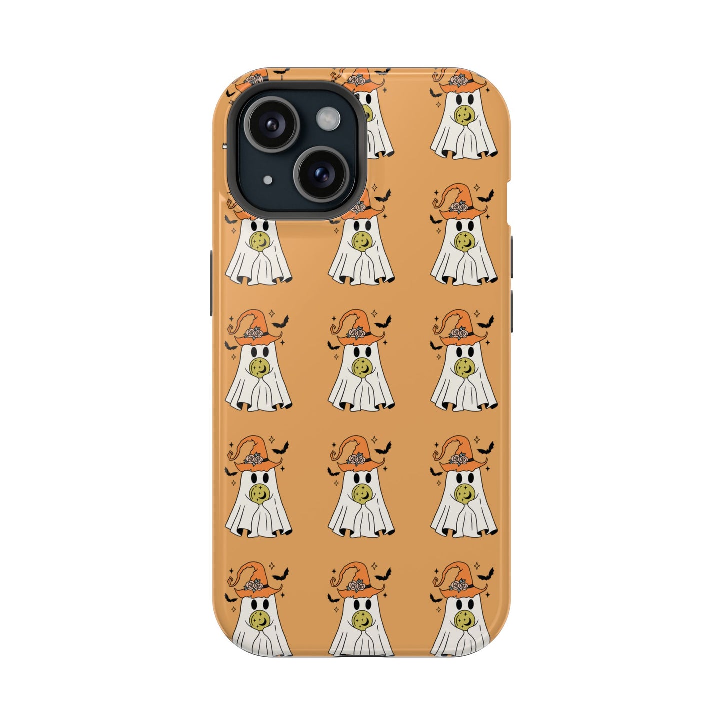 Orange iPhone Case with a white ghost with an orange witch hat and a yellow crystal ball.