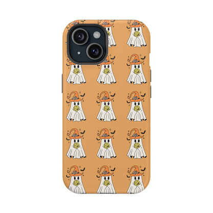 Orange iPhone Case with a white ghost with an orange witch hat and a yellow crystal ball.