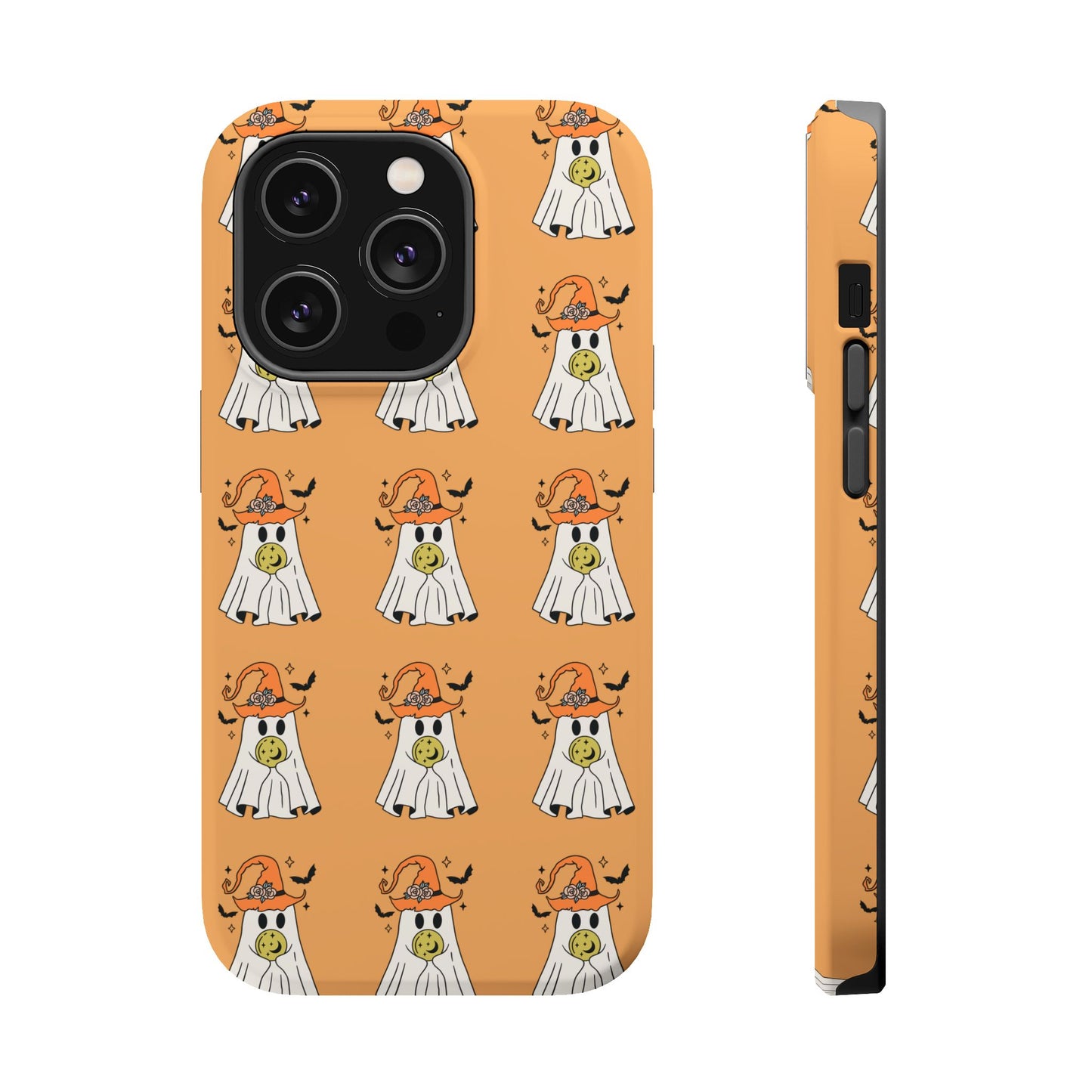 Orange iPhone Case with a white ghost with an orange witch hat and a yellow crystal ball.